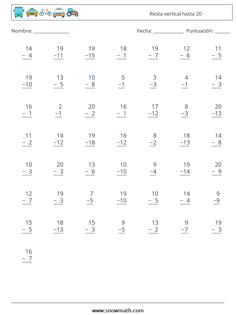 (50) Resta vertical hasta 20 Hojas de trabajo de matemáticas 6