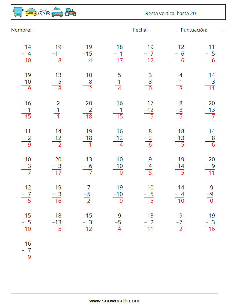 (50) Resta vertical hasta 20 Hojas de trabajo de matemáticas 6 Pregunta, respuesta