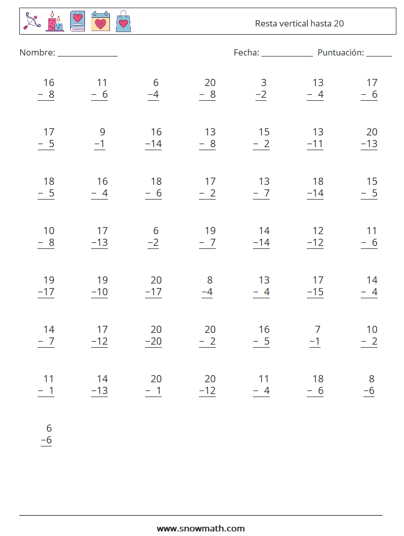 (50) Resta vertical hasta 20 Hojas de trabajo de matemáticas 7