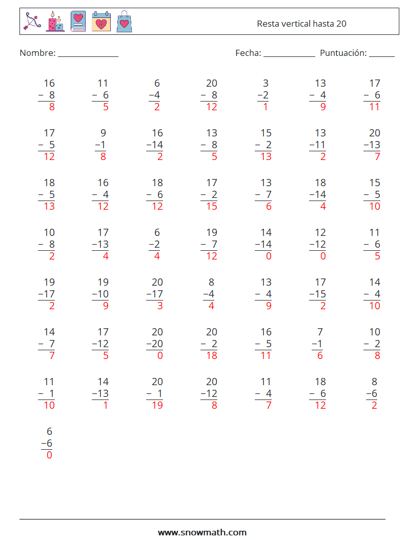 (50) Resta vertical hasta 20 Hojas de trabajo de matemáticas 7 Pregunta, respuesta