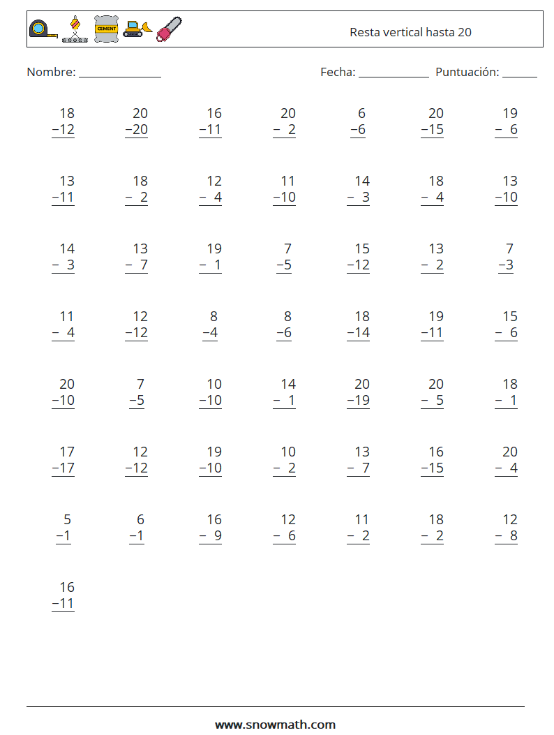 (50) Resta vertical hasta 20 Hojas de trabajo de matemáticas 8