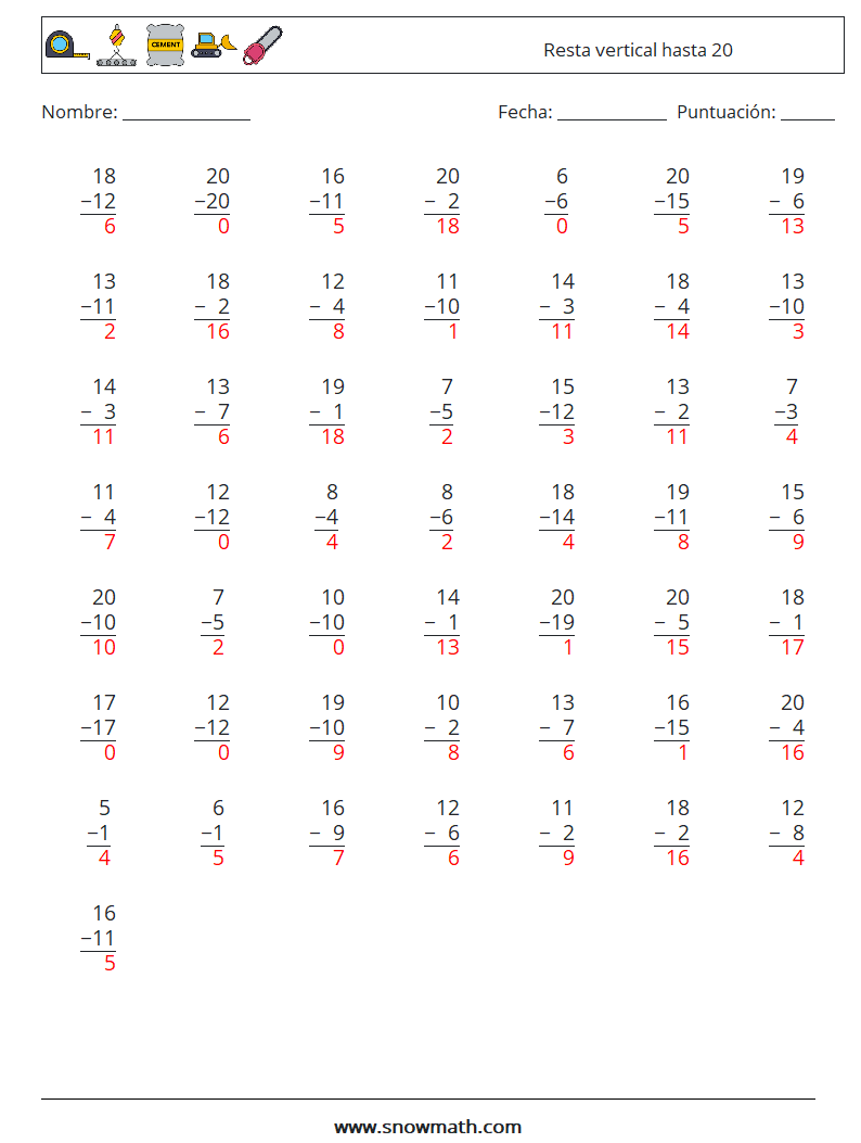 (50) Resta vertical hasta 20 Hojas de trabajo de matemáticas 8 Pregunta, respuesta