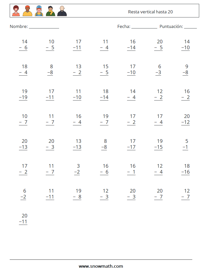(50) Resta vertical hasta 20 Hojas de trabajo de matemáticas 9