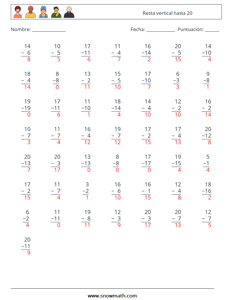 (50) Resta vertical hasta 20 Hojas de trabajo de matemáticas 9 Pregunta, respuesta