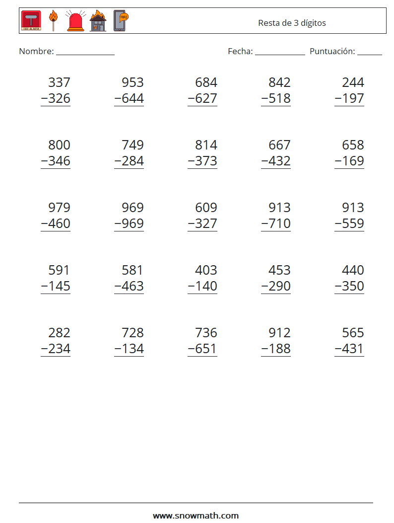 (25) Resta de 3 dígitos Hojas de trabajo de matemáticas 1