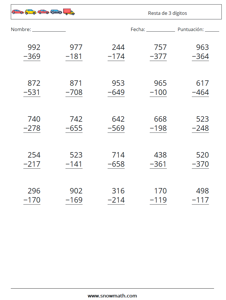 (25) Resta de 3 dígitos Hojas de trabajo de matemáticas 10