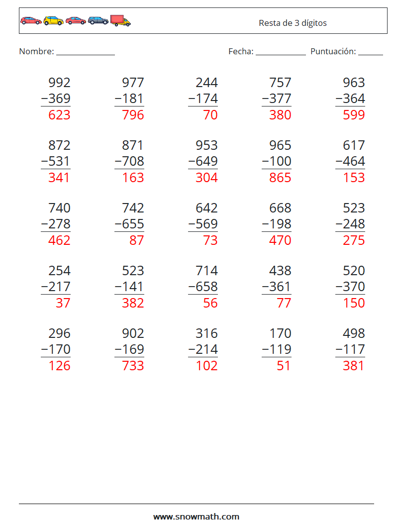 (25) Resta de 3 dígitos Hojas de trabajo de matemáticas 10 Pregunta, respuesta