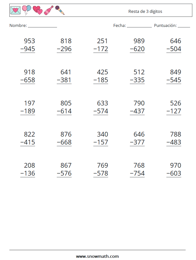 (25) Resta de 3 dígitos Hojas de trabajo de matemáticas 11