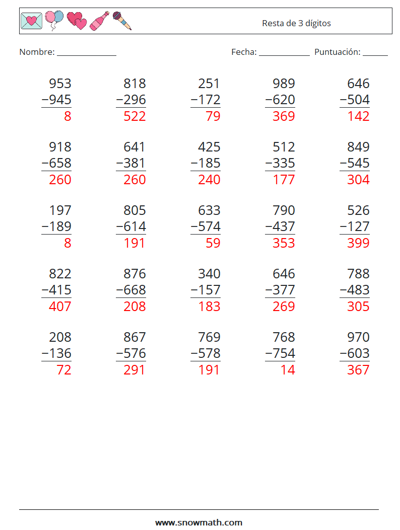 (25) Resta de 3 dígitos Hojas de trabajo de matemáticas 11 Pregunta, respuesta