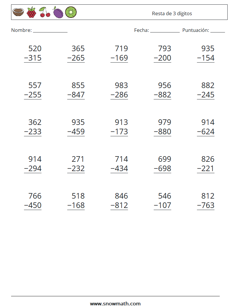 (25) Resta de 3 dígitos Hojas de trabajo de matemáticas 12