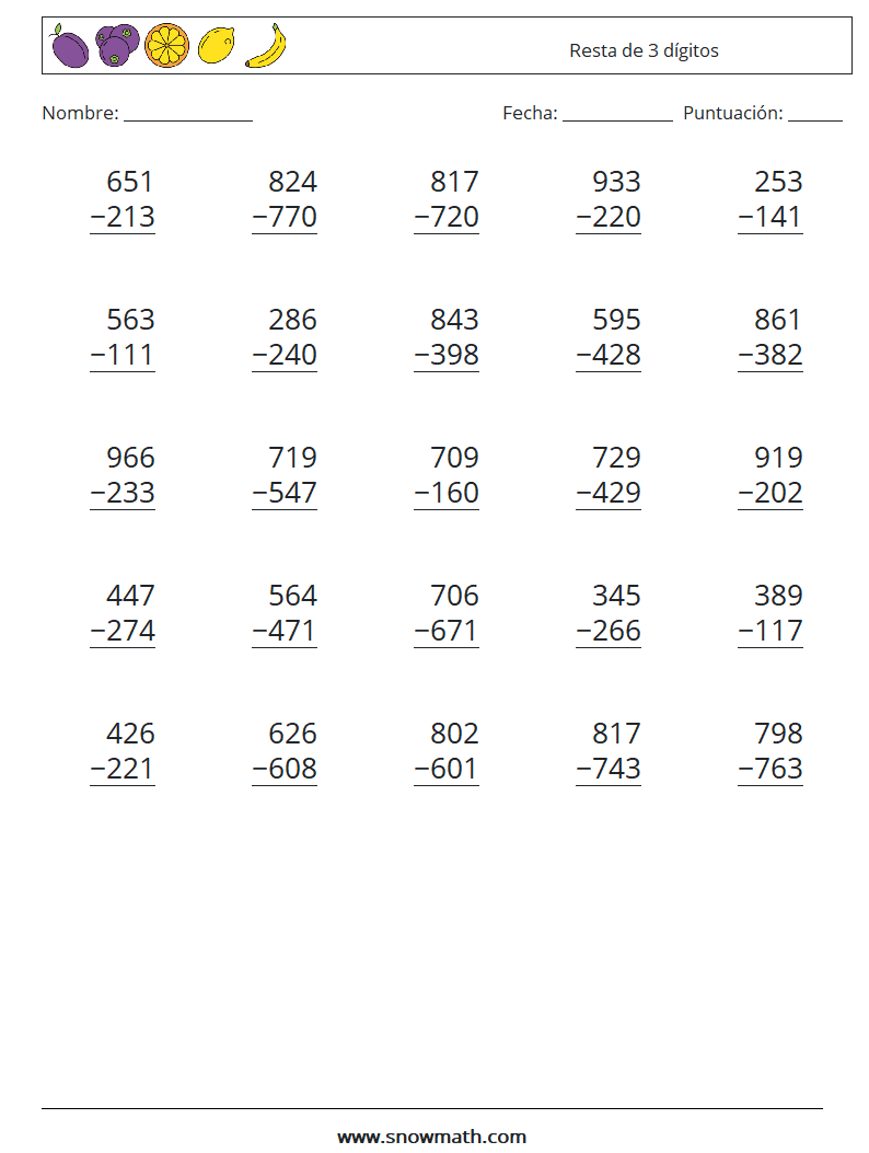 (25) Resta de 3 dígitos Hojas de trabajo de matemáticas 13