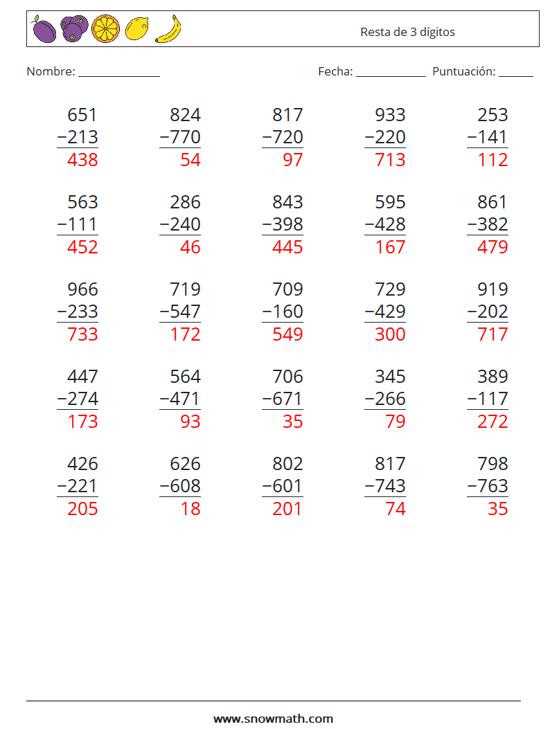 (25) Resta de 3 dígitos Hojas de trabajo de matemáticas 13 Pregunta, respuesta