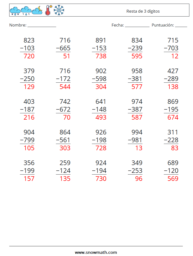 (25) Resta de 3 dígitos Hojas de trabajo de matemáticas 14 Pregunta, respuesta