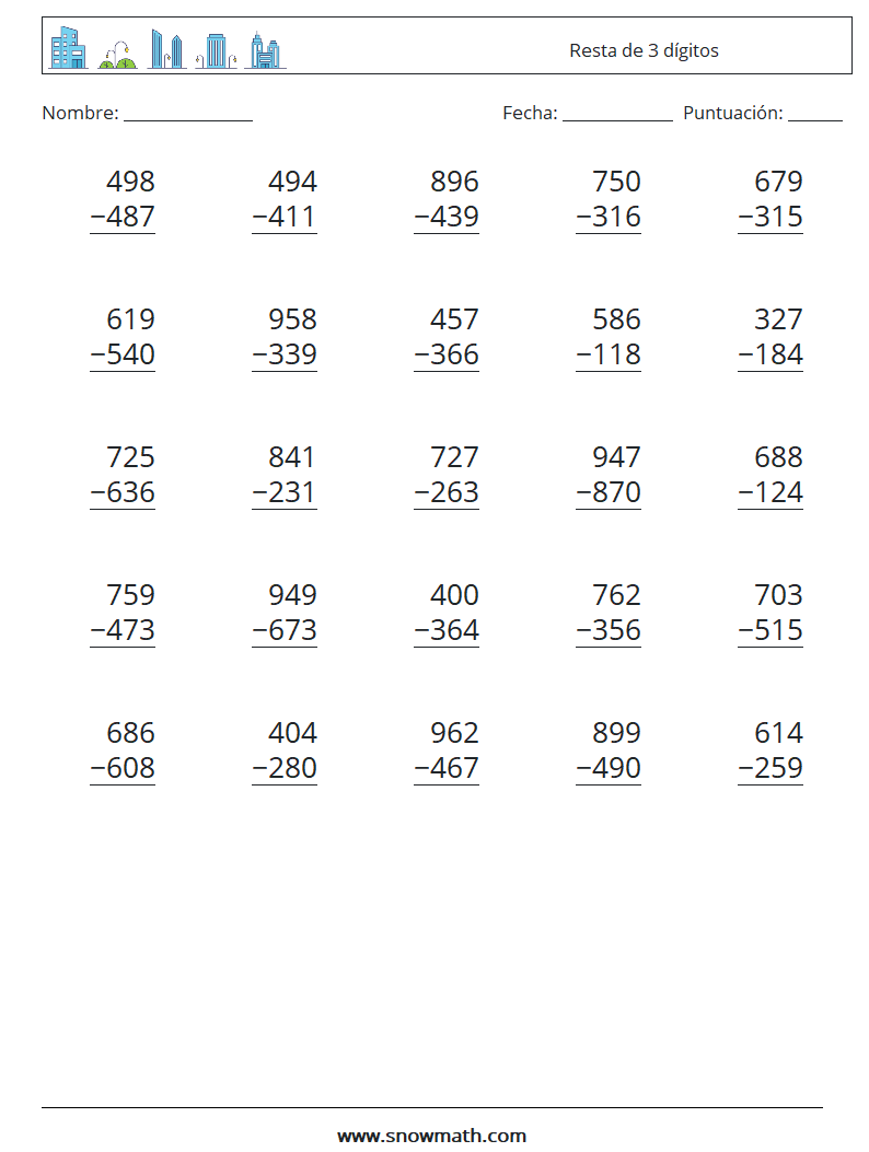 (25) Resta de 3 dígitos Hojas de trabajo de matemáticas 15