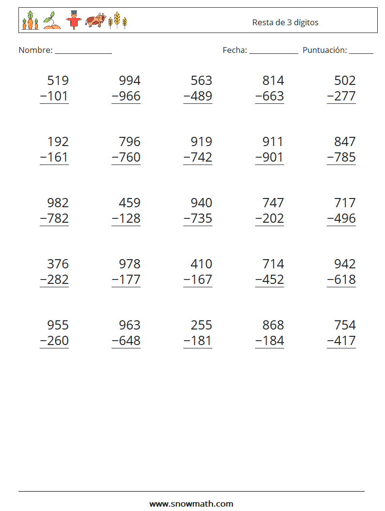 (25) Resta de 3 dígitos Hojas de trabajo de matemáticas 16