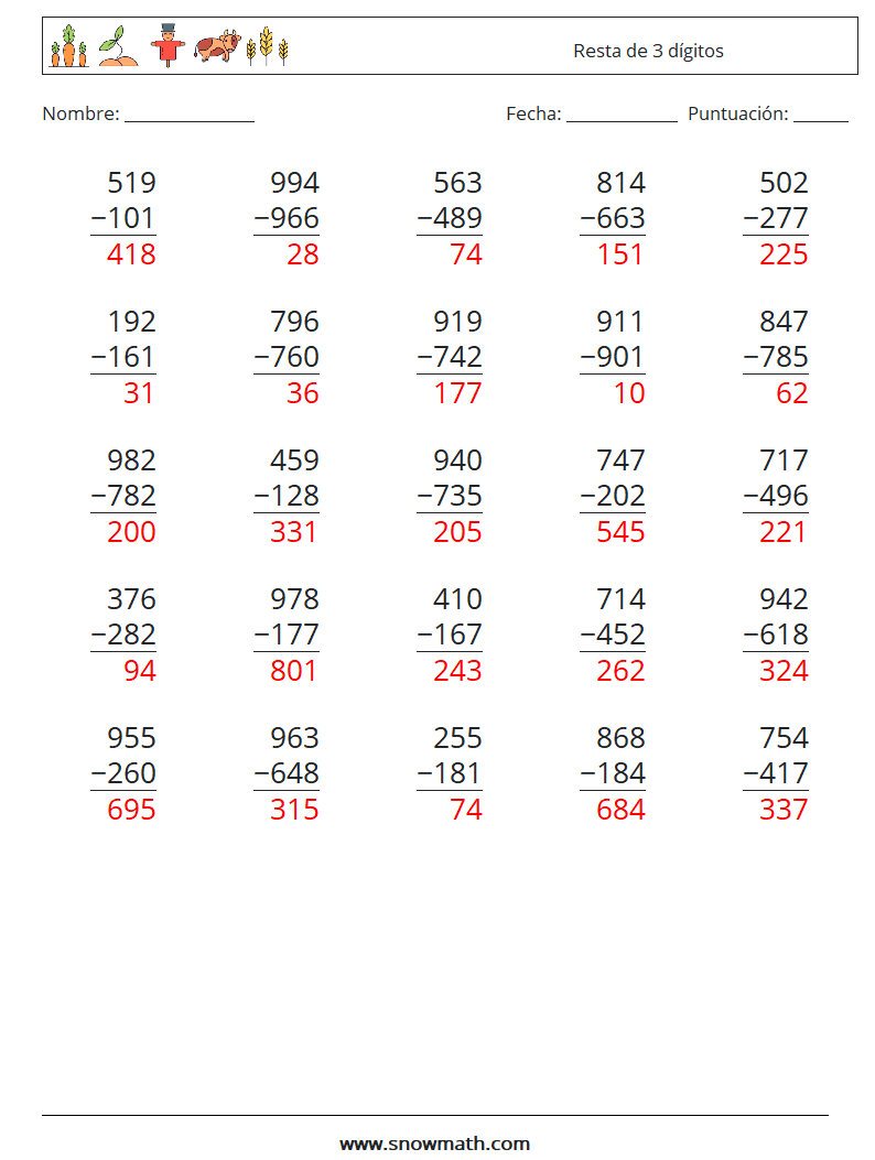 (25) Resta de 3 dígitos Hojas de trabajo de matemáticas 16 Pregunta, respuesta