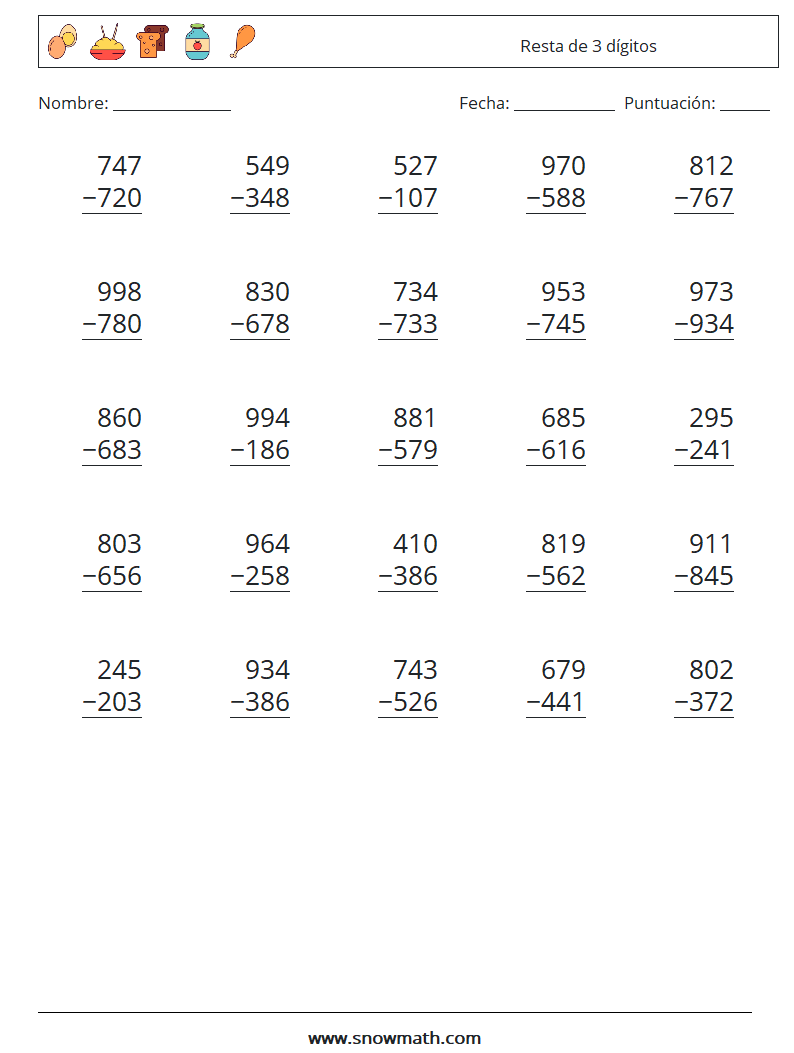 (25) Resta de 3 dígitos Hojas de trabajo de matemáticas 17