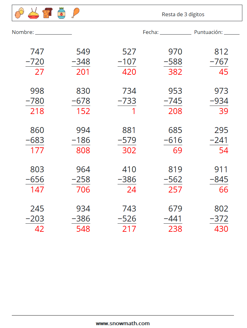 (25) Resta de 3 dígitos Hojas de trabajo de matemáticas 17 Pregunta, respuesta