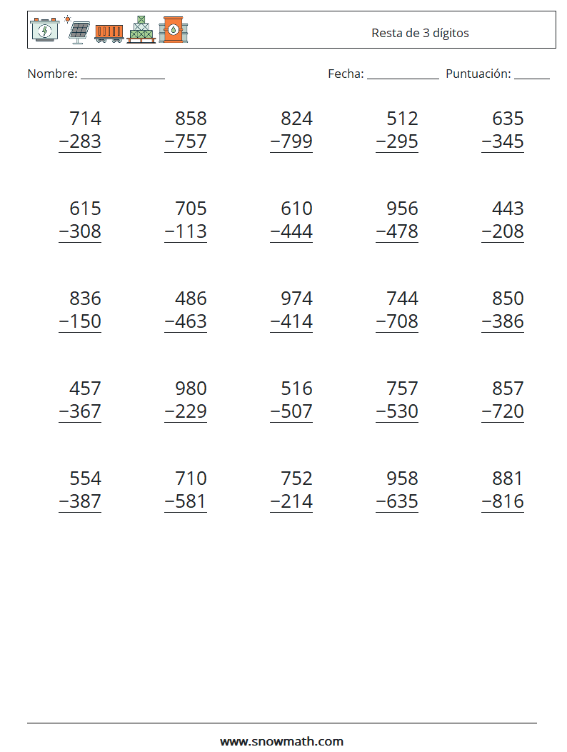 (25) Resta de 3 dígitos Hojas de trabajo de matemáticas 18