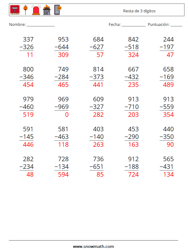 (25) Resta de 3 dígitos Hojas de trabajo de matemáticas 1 Pregunta, respuesta