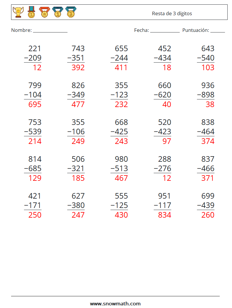 (25) Resta de 3 dígitos Hojas de trabajo de matemáticas 2 Pregunta, respuesta