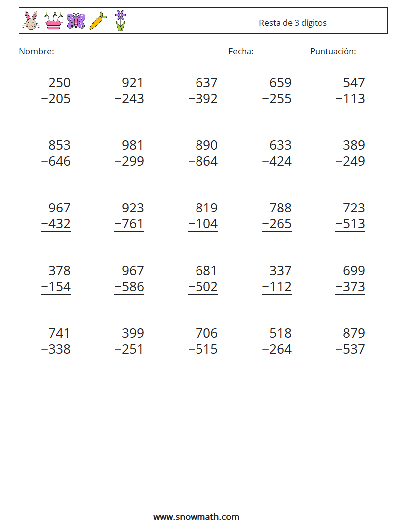 (25) Resta de 3 dígitos Hojas de trabajo de matemáticas 3