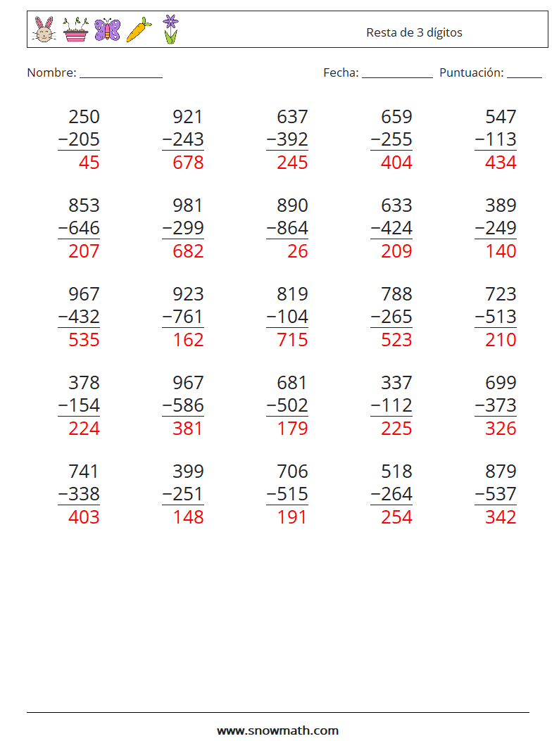 (25) Resta de 3 dígitos Hojas de trabajo de matemáticas 3 Pregunta, respuesta