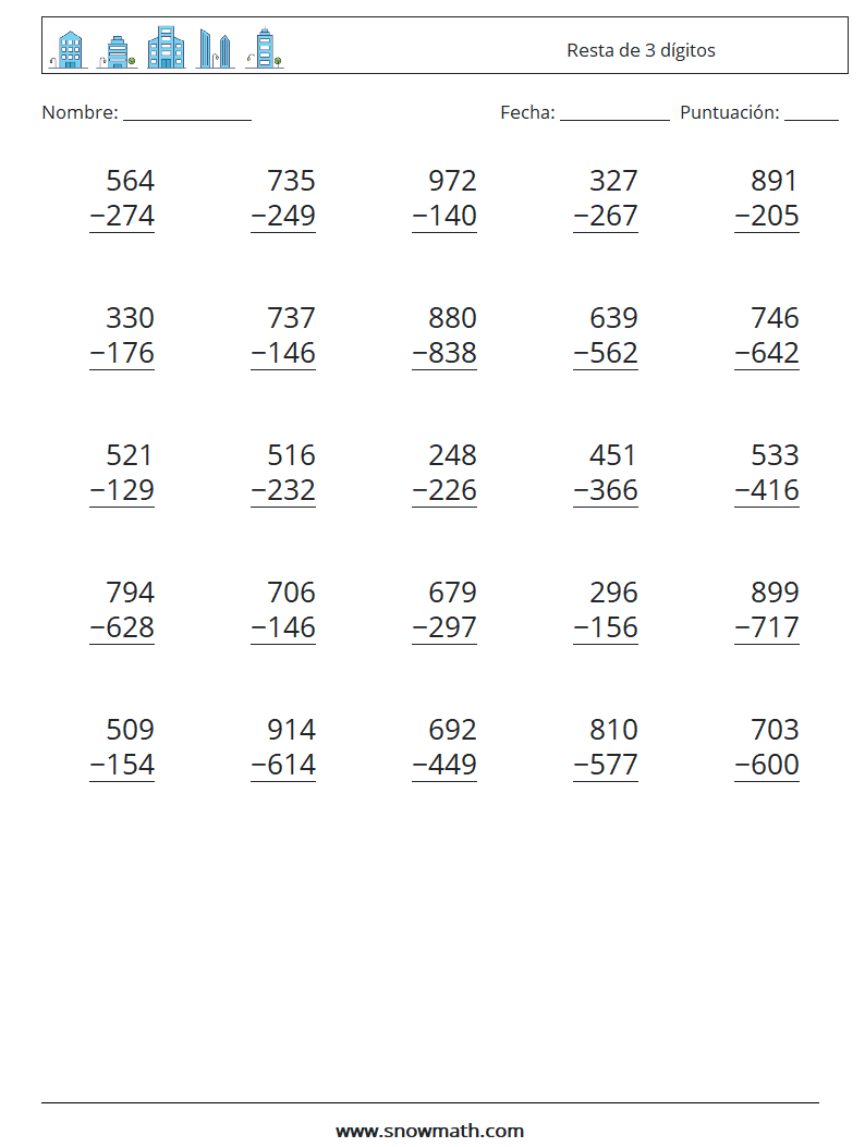 (25) Resta de 3 dígitos Hojas de trabajo de matemáticas 4