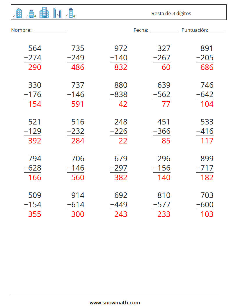 (25) Resta de 3 dígitos Hojas de trabajo de matemáticas 4 Pregunta, respuesta