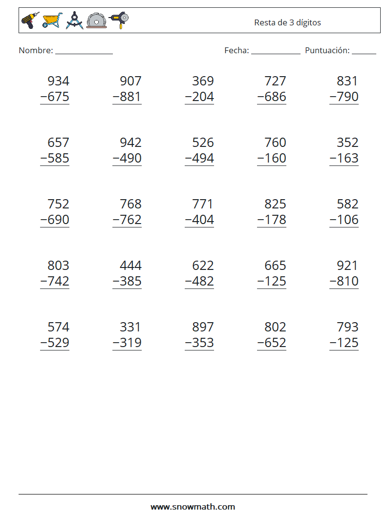 (25) Resta de 3 dígitos Hojas de trabajo de matemáticas 5