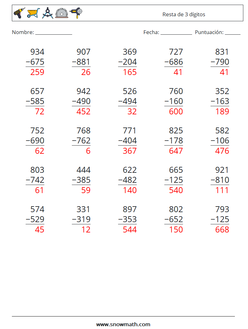 (25) Resta de 3 dígitos Hojas de trabajo de matemáticas 5 Pregunta, respuesta