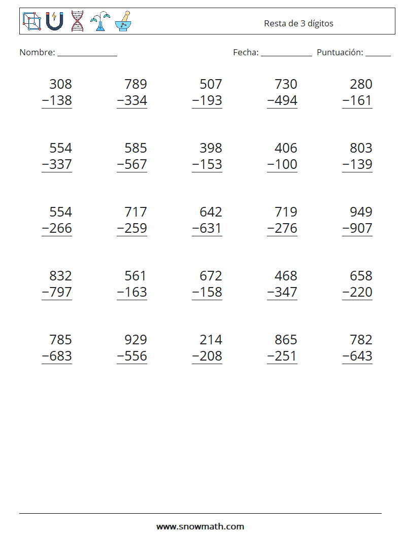 (25) Resta de 3 dígitos Hojas de trabajo de matemáticas 6