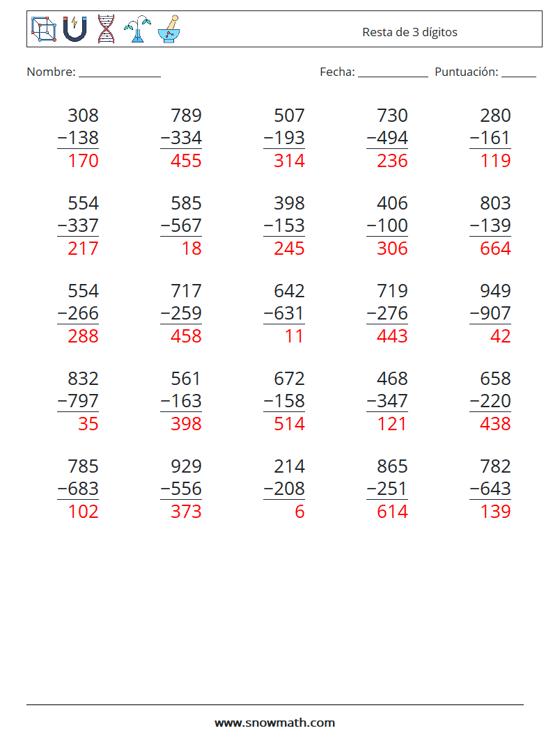 (25) Resta de 3 dígitos Hojas de trabajo de matemáticas 6 Pregunta, respuesta