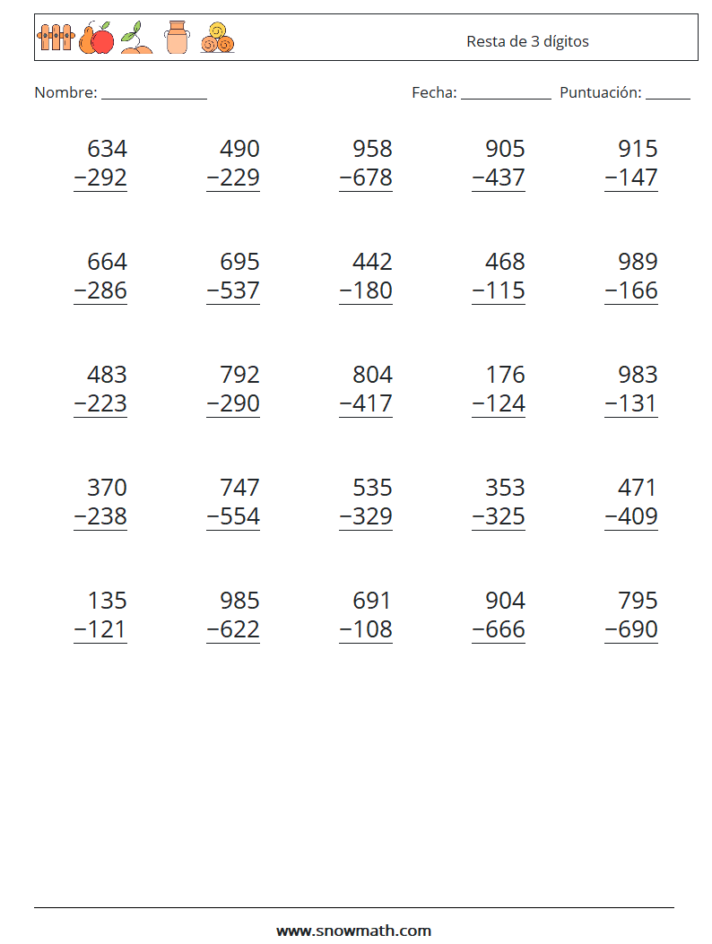 (25) Resta de 3 dígitos Hojas de trabajo de matemáticas 7