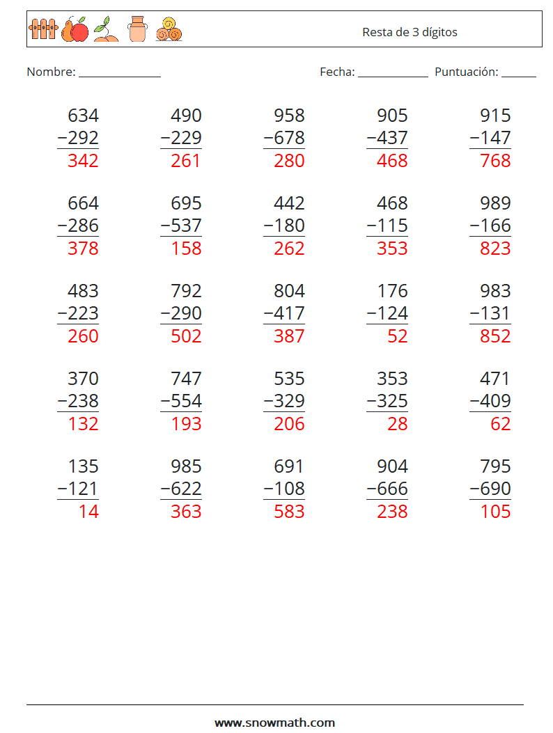 (25) Resta de 3 dígitos Hojas de trabajo de matemáticas 7 Pregunta, respuesta