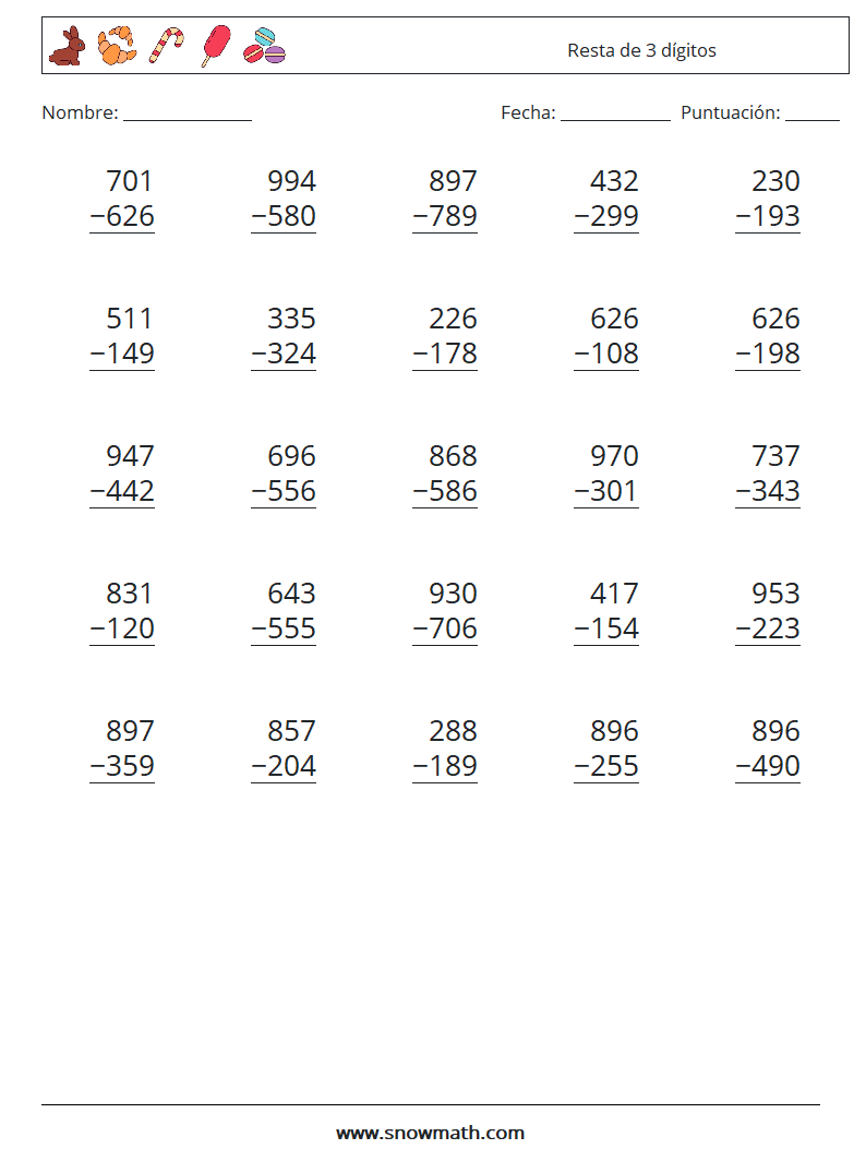 (25) Resta de 3 dígitos Hojas de trabajo de matemáticas 8