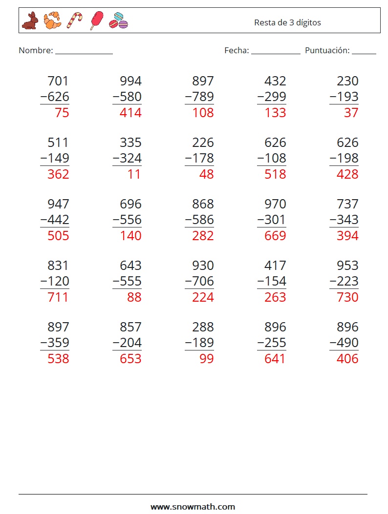 (25) Resta de 3 dígitos Hojas de trabajo de matemáticas 8 Pregunta, respuesta