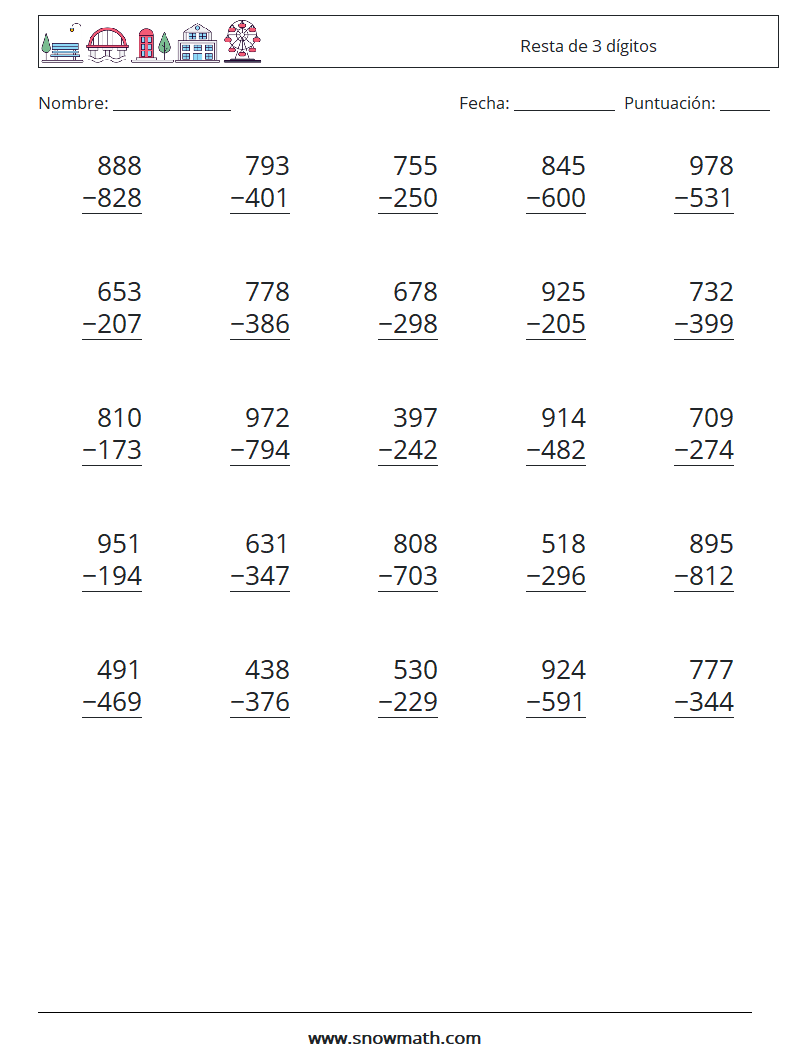 (25) Resta de 3 dígitos Hojas de trabajo de matemáticas 9