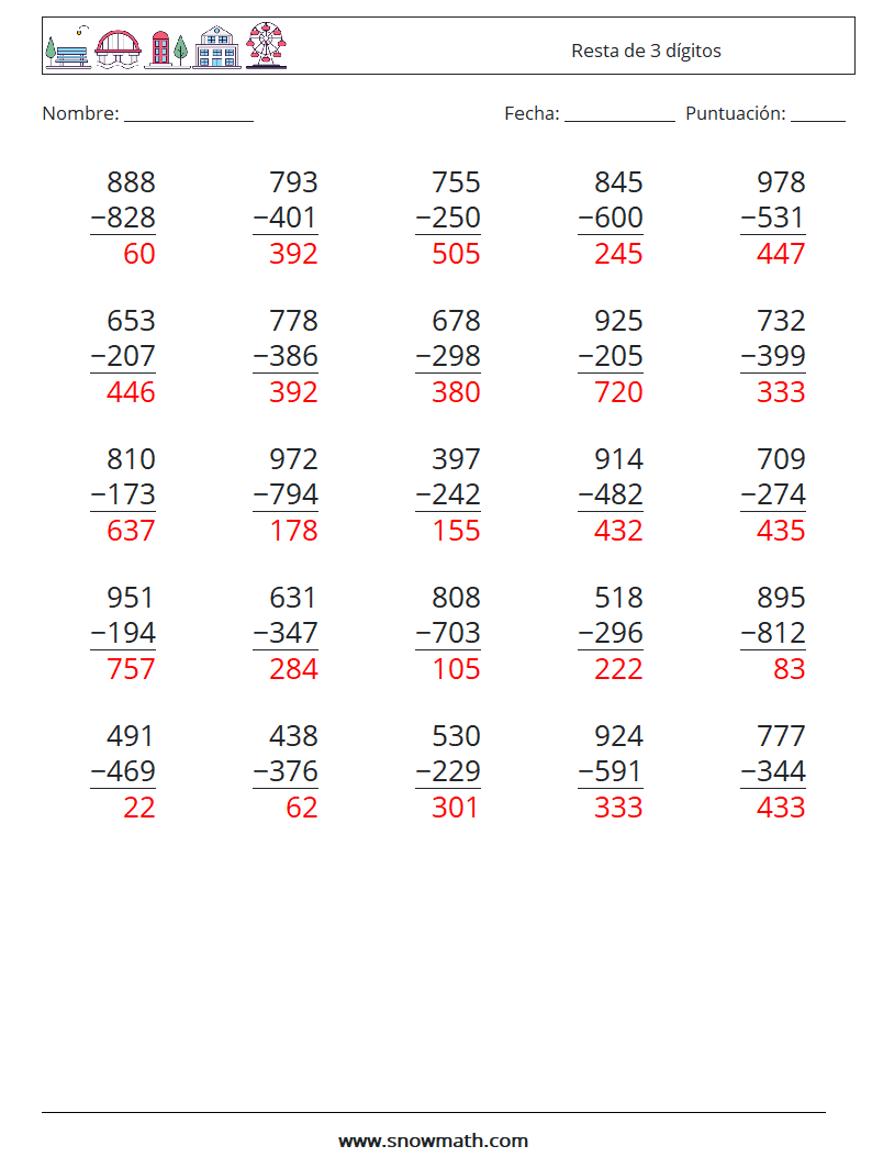 (25) Resta de 3 dígitos Hojas de trabajo de matemáticas 9 Pregunta, respuesta