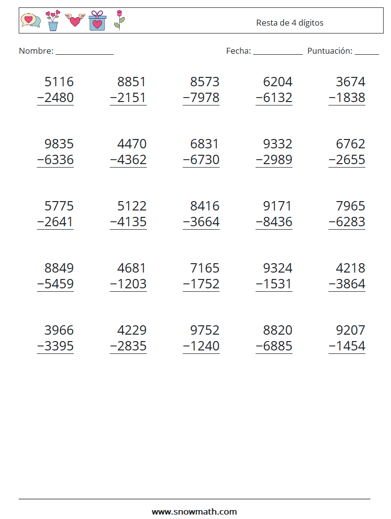 (25) Resta de 4 dígitos Hojas de trabajo de matemáticas 1