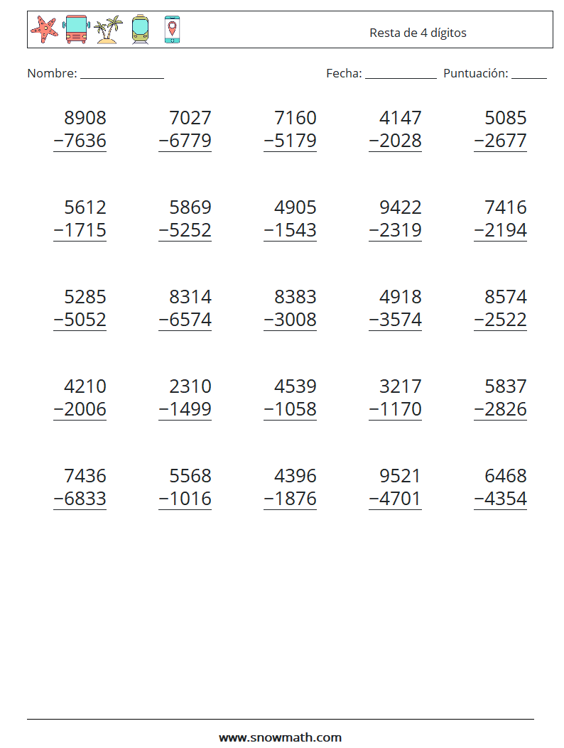 (25) Resta de 4 dígitos Hojas de trabajo de matemáticas 10