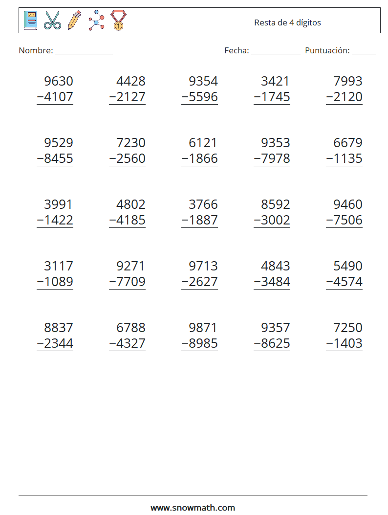 (25) Resta de 4 dígitos Hojas de trabajo de matemáticas 11