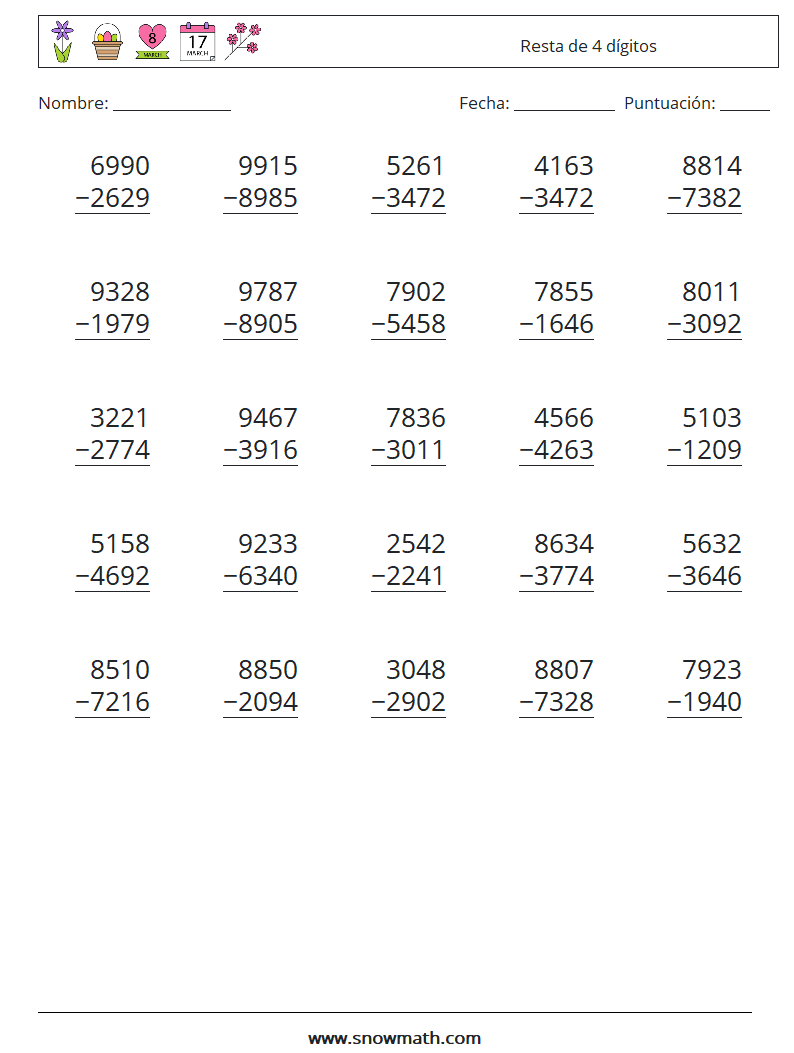 (25) Resta de 4 dígitos Hojas de trabajo de matemáticas 12