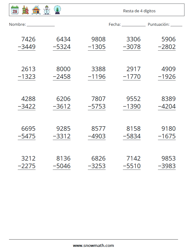 (25) Resta de 4 dígitos Hojas de trabajo de matemáticas 13