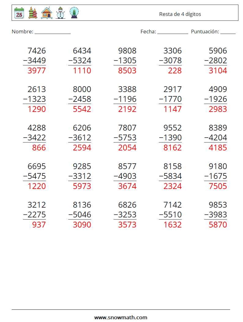 (25) Resta de 4 dígitos Hojas de trabajo de matemáticas 13 Pregunta, respuesta