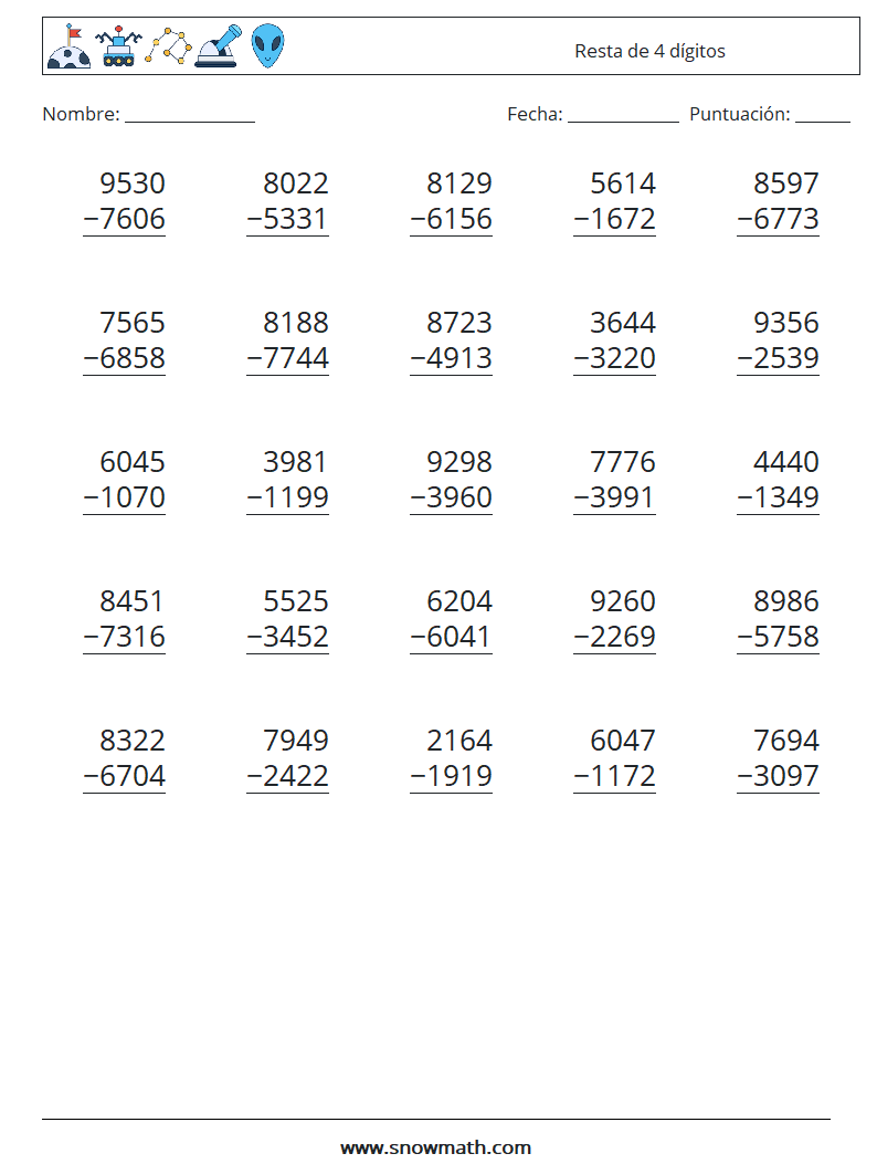 (25) Resta de 4 dígitos Hojas de trabajo de matemáticas 14