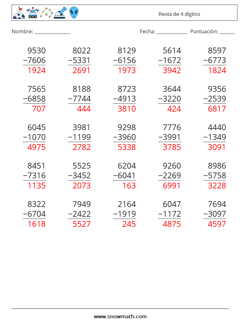 (25) Resta de 4 dígitos Hojas de trabajo de matemáticas 14 Pregunta, respuesta