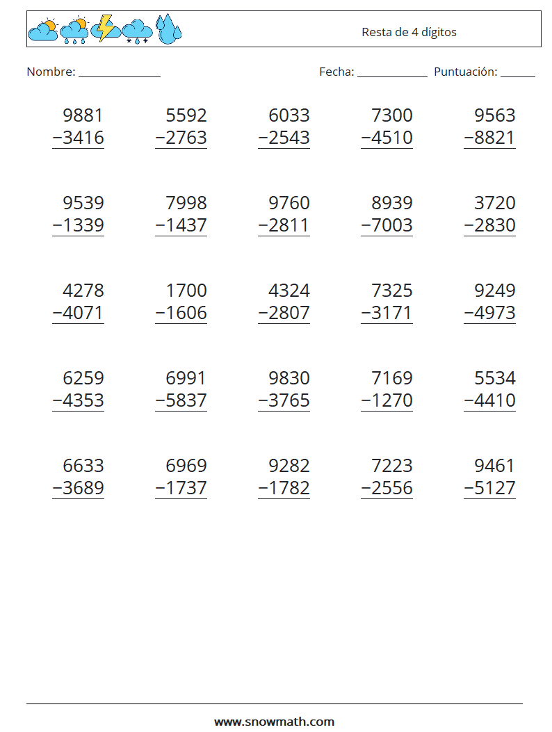 (25) Resta de 4 dígitos Hojas de trabajo de matemáticas 15