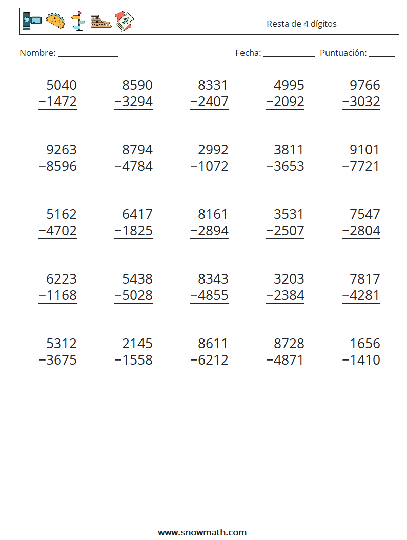 (25) Resta de 4 dígitos Hojas de trabajo de matemáticas 16