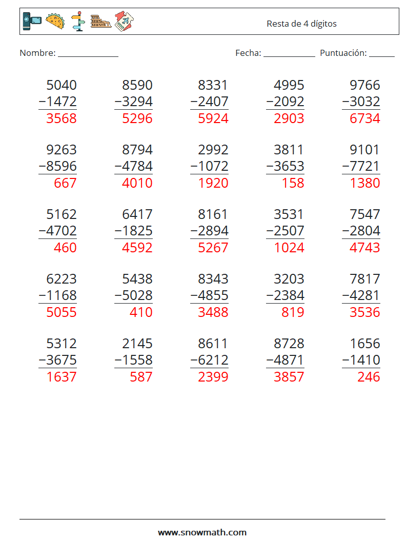 (25) Resta de 4 dígitos Hojas de trabajo de matemáticas 16 Pregunta, respuesta